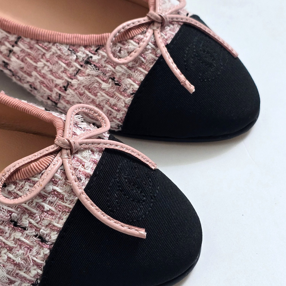 Chanel Pink Tweed Grosgrain Cap Toe Bow Ballet Flats Women’s US 9 EU 39C - Picture 3 of 9